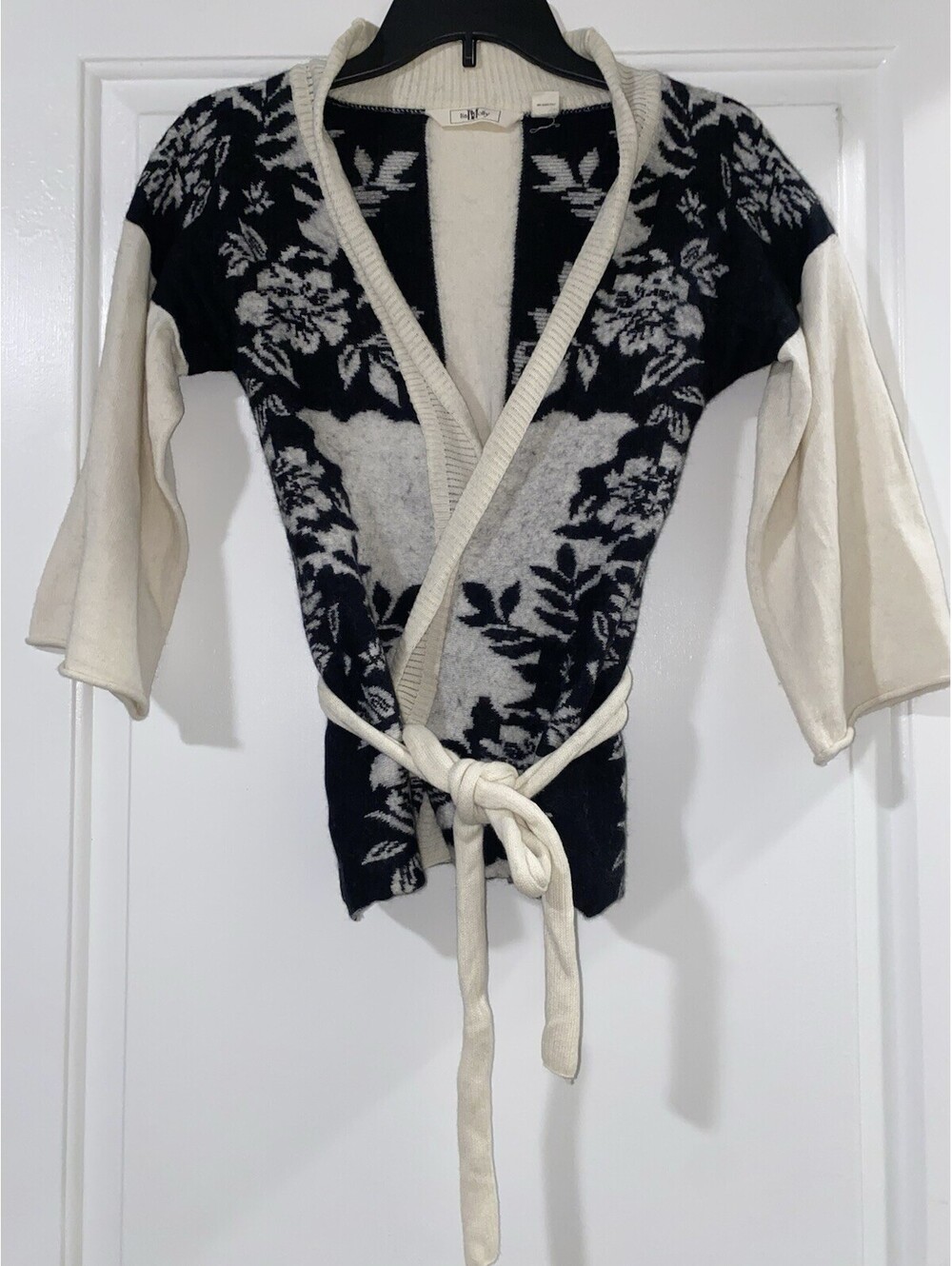 LiaMolly Anthropologie Wool Black and Cream Intarsia Kimono Sweater vintage XS - Picture 1 of 8